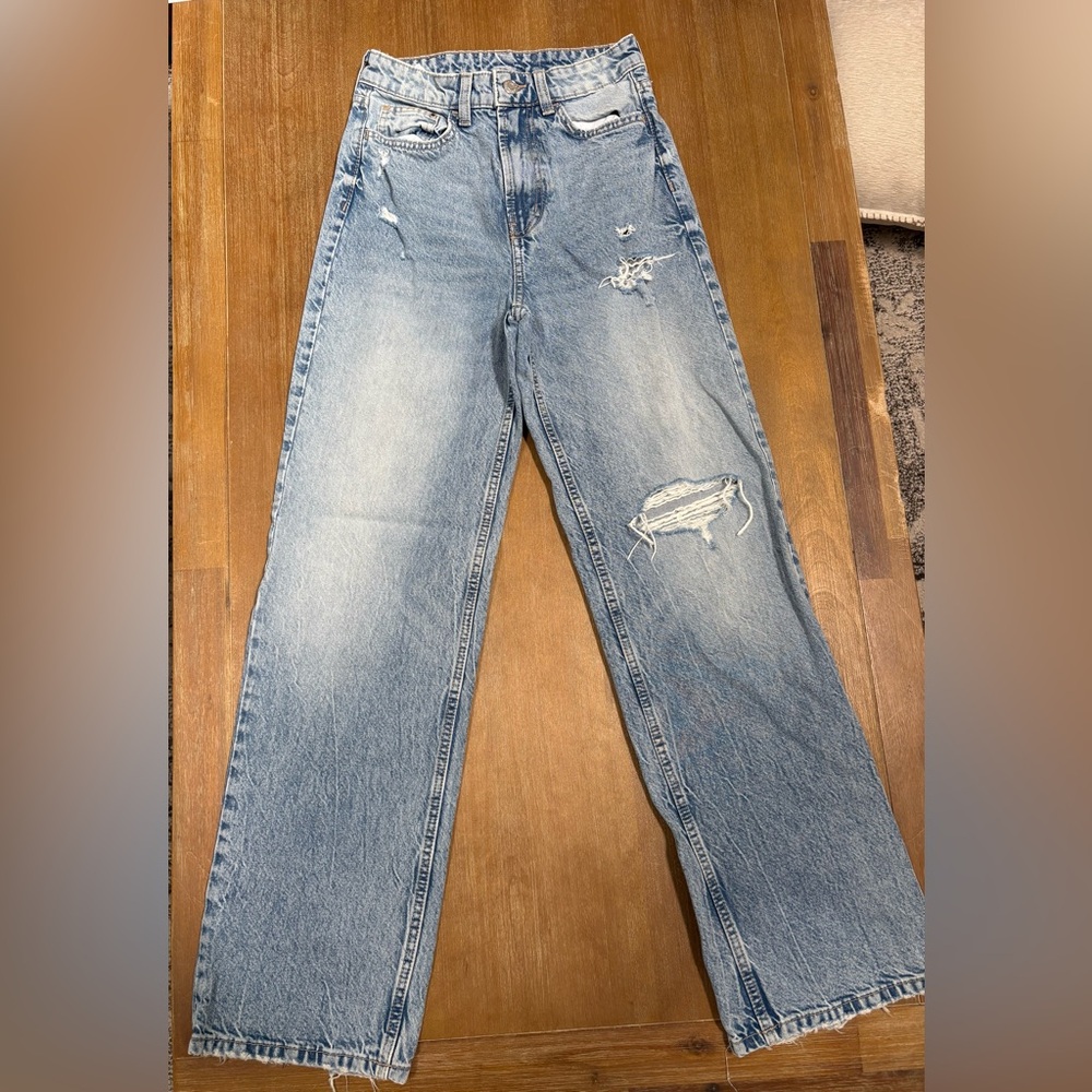 H&M Distressed Light Blue Wide Leg Pants